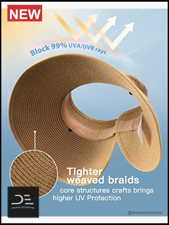 Wide Brim Straw Visor with UPF 80+ Sun Protection, Ponytail Opening, Foldable & main image 7